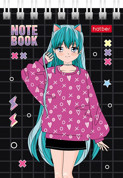 Блокнот А7 60л клетка спираль ХАТБЕР Неко-Тян аниме, арт. 60Б7В1гр