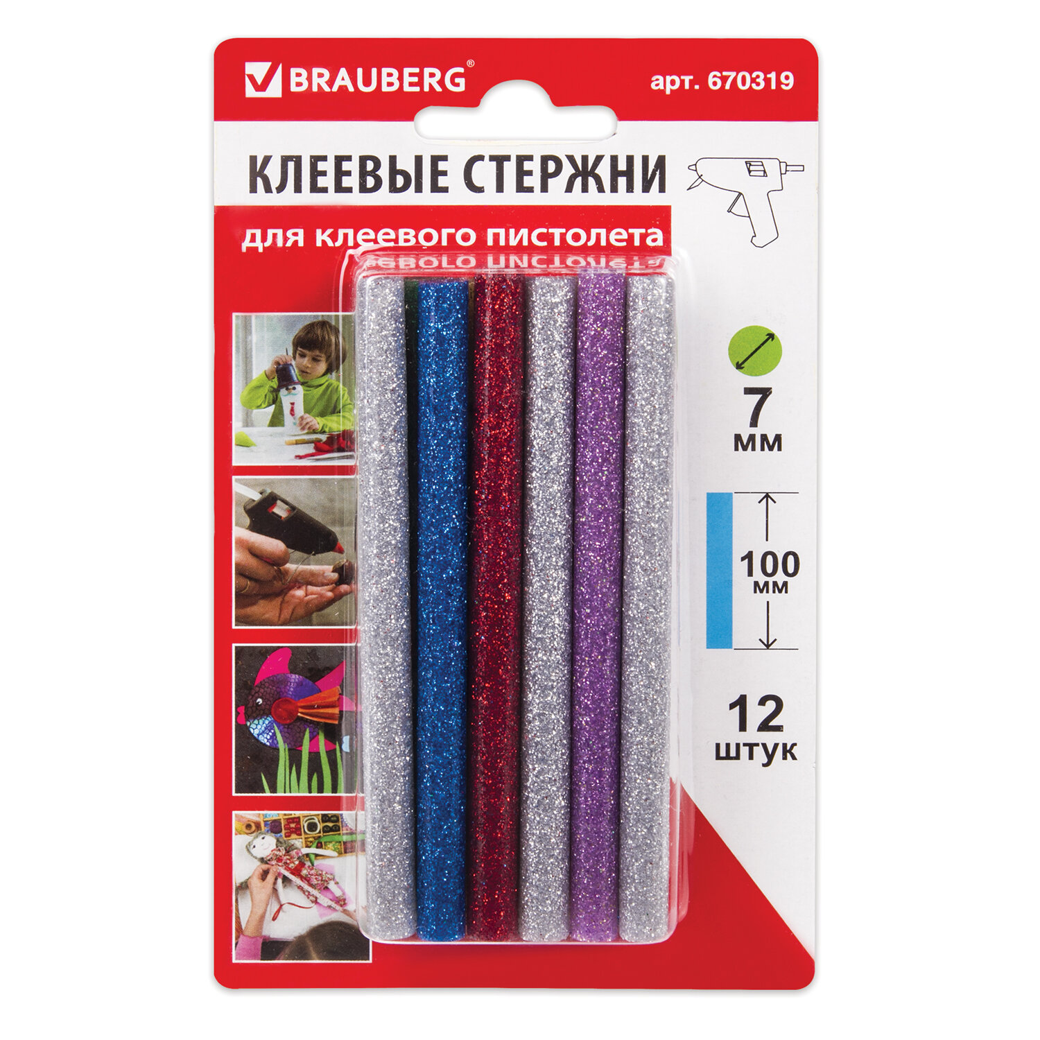 Клеевые патроны  7мм 12шт/упак BRAUBERG цветные с блестками, арт. 670319
