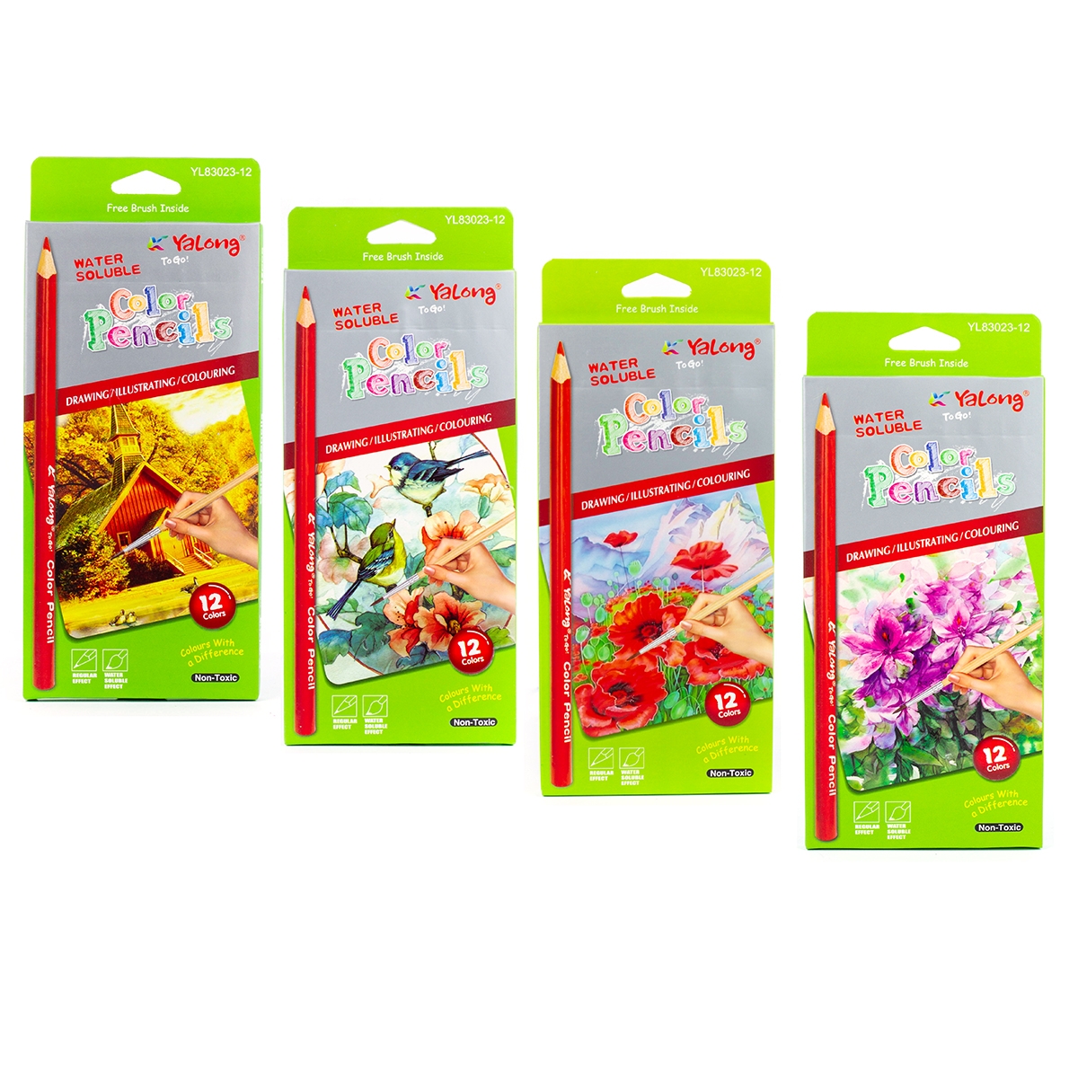 Карандаши цветные акварельные 12цветов YALONG Color Pencils трехгранные + кисточка, арт. YL83023-1
