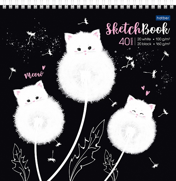 Блокнот/скетчбук 240*240 40л 100г/м2+160г/м2 спираль ХАТБЕР Одуванчиковые коты белая/черная бумага, арт. 40Б4Aгр_28219