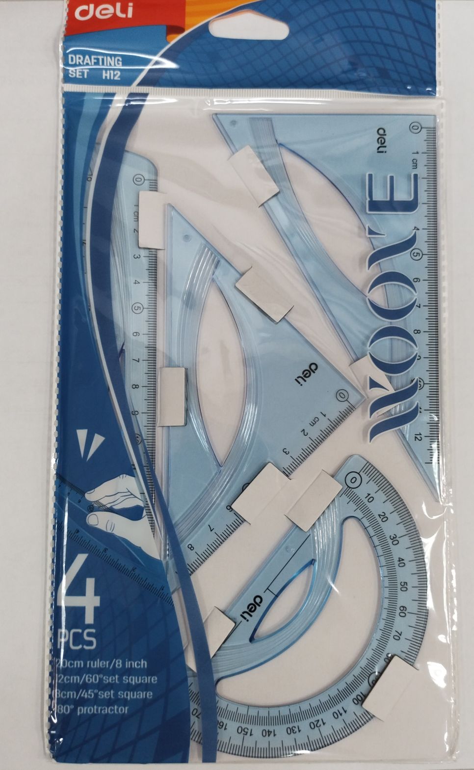 Геометрический набор малый 4 предмета 15см DELI голубой прозрачный, арт. EH12