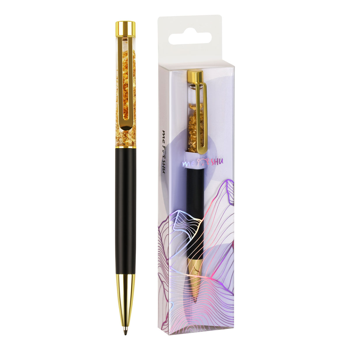 Ручка подарочная шариковая синяя MESHU Gold sand корпус черный/золото поворотный механизм, арт. MS_65908