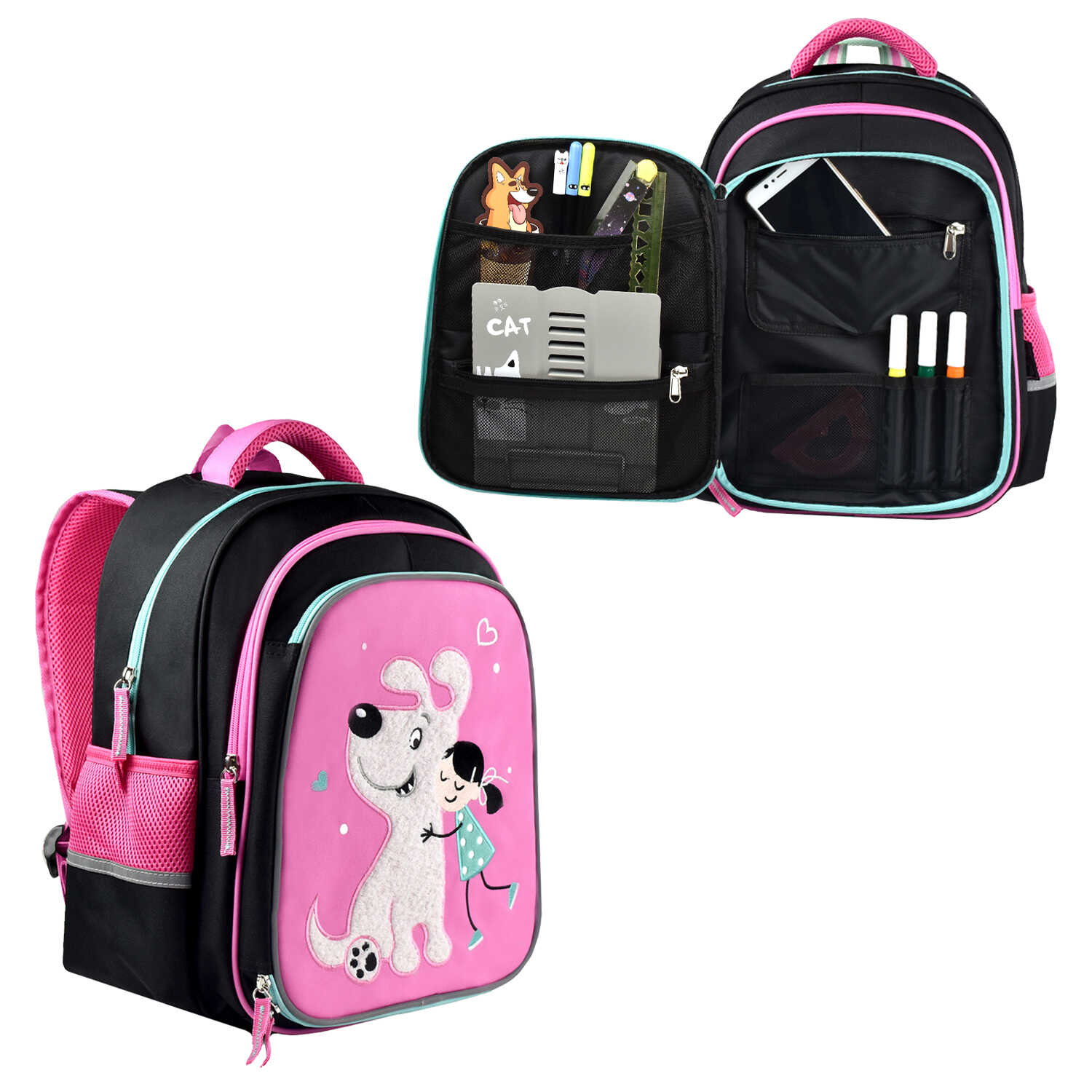 Рюкзак школьный ФЕНИКС Девочка с щенком мягкий уплотненная спинка вентилируемые вставки, арт. 54119