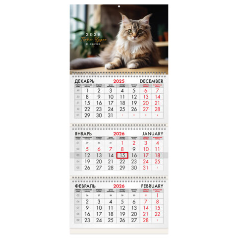 Календарь квартальный 2026г 3-х блочный Кот BRAUBERG, арт. 116780