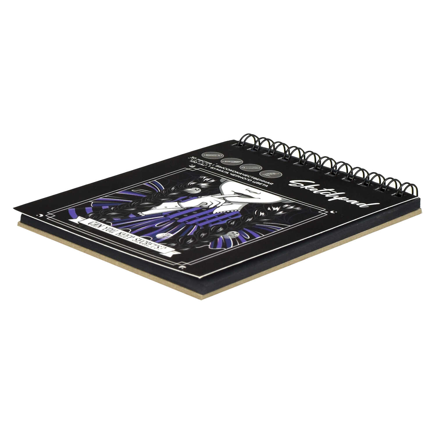 Блокнот для эскизов/скетчпад А6 30л 120г/м2 спираль ФЕНИКС Милая готика черная бумага, арт. 64865