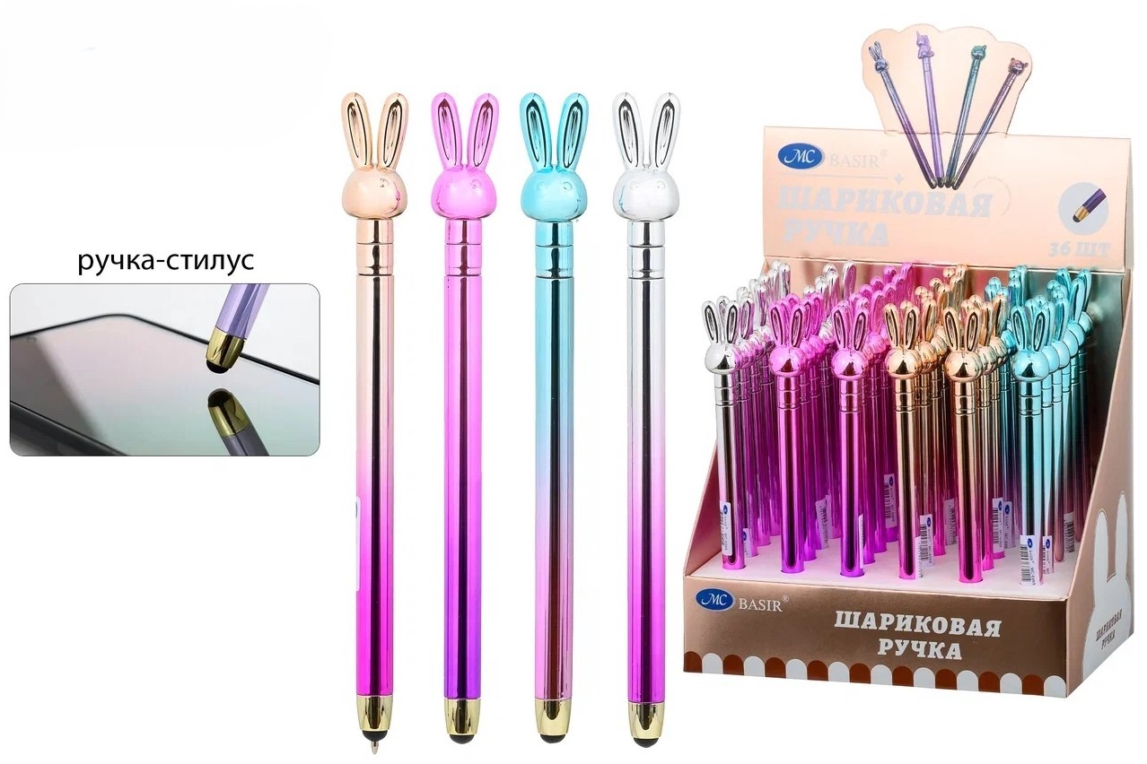 Ручка шариковая синяя с фигуркой MC BASIR корпус цветной/металлик Зайчик со стилусомстилус , арт. МС-6969