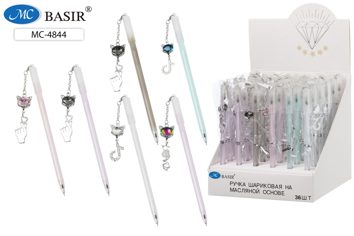 Ручка шариковая синяя с подвеской MC BASIR Кошка корпус ассорти , арт. МС-4844