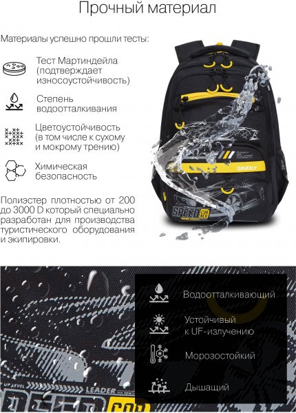 Рюкзак школьный GRIZZLY черный-желтый мягкий уплотненная спинка вентилируемые вставки, арт. RB-254-1/3