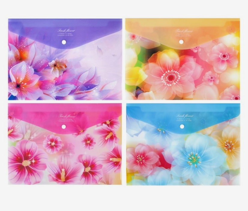 Папка конверт на кнопке А4 180мкр NO NAME Цветы ассорти, арт. 4363548/YJ2201-073