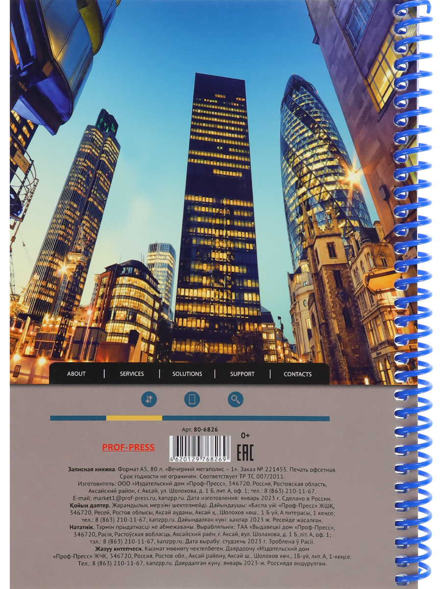 Записная книжка А5 80л клетка спираль ПРОФ-ПРЕСС Вечерний мегаполис-1, арт. 80-6826