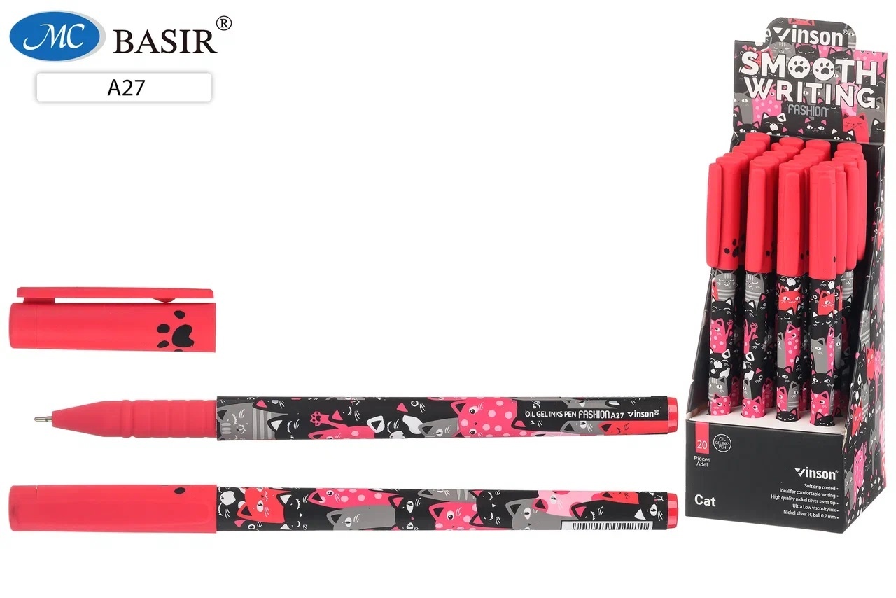 Ручка шариковая синяя игла 0,7 VINSON Cat корпус с рисунком soft-touch масляный стержень, арт. А27