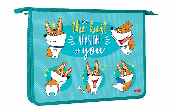 Папка для тетрадей А4 на молнии 1 отделение ХАТБЕР Забавные корги ассорти дно с расширением, арт. AMc_22032