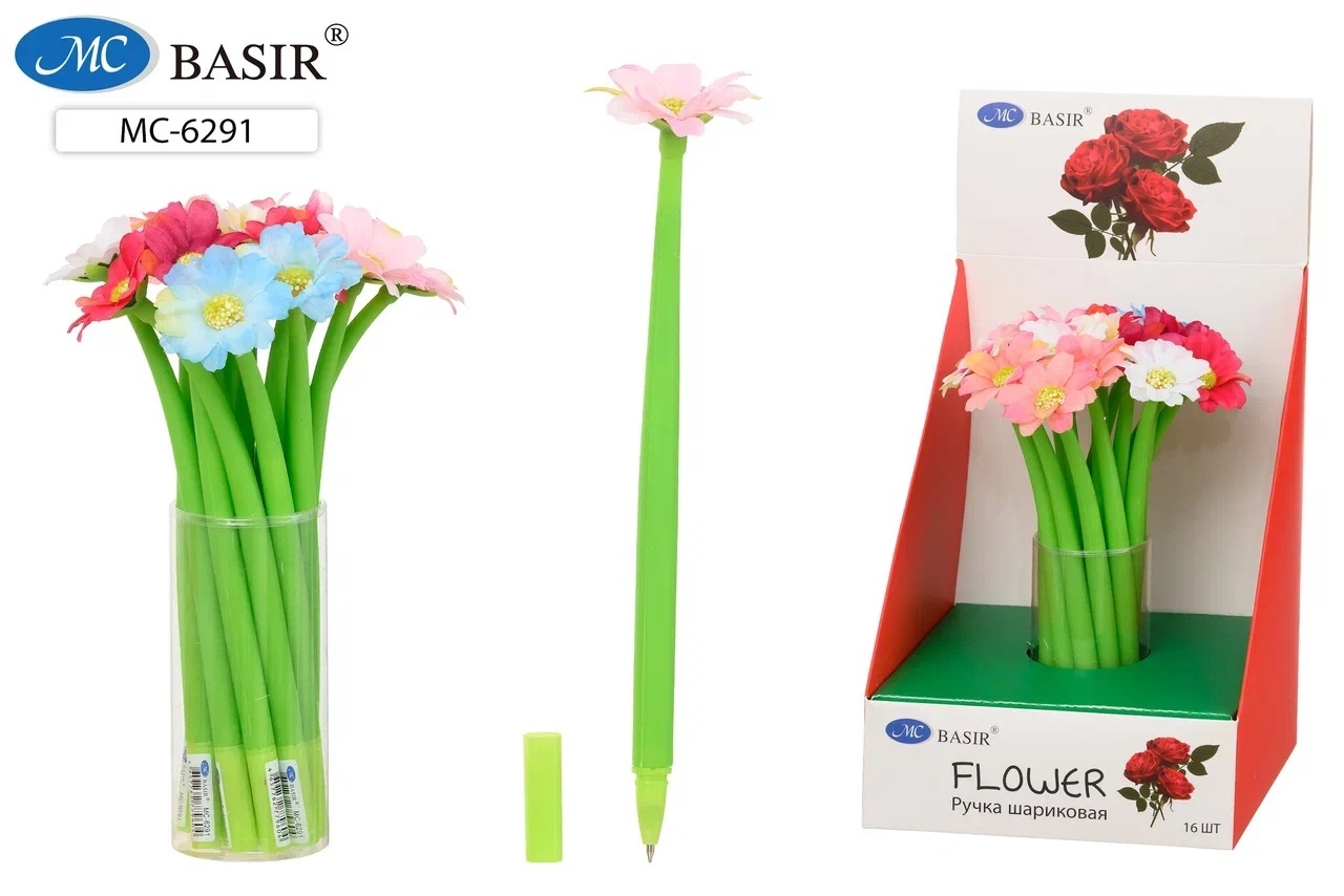 Ручка шариковая синяя с фигуркой MC BASIR Полевые цветы корпус силиконовый , арт. МС-6291