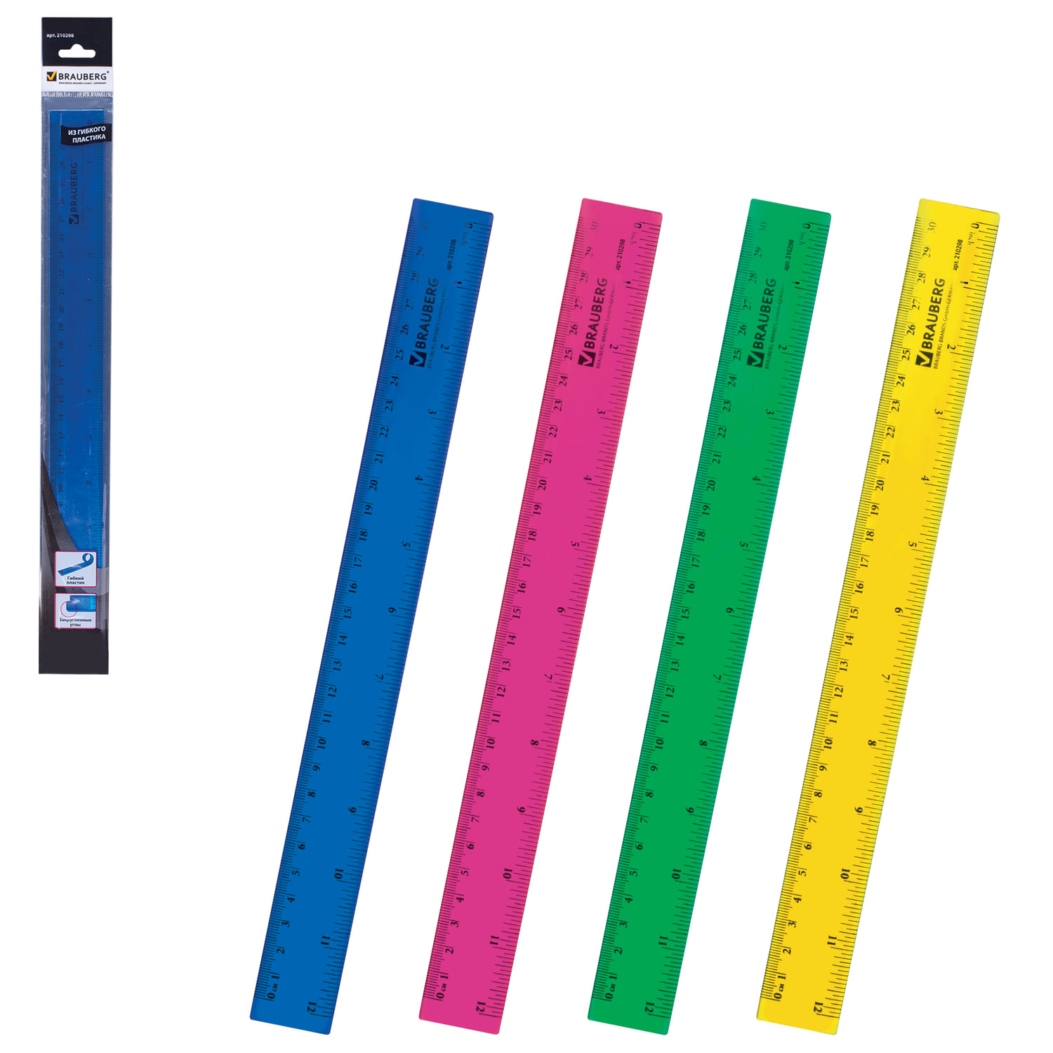 Линейка 30см пластиковая гибкая BRAUBERG Cobra тонированная ассорти, арт. 210298
