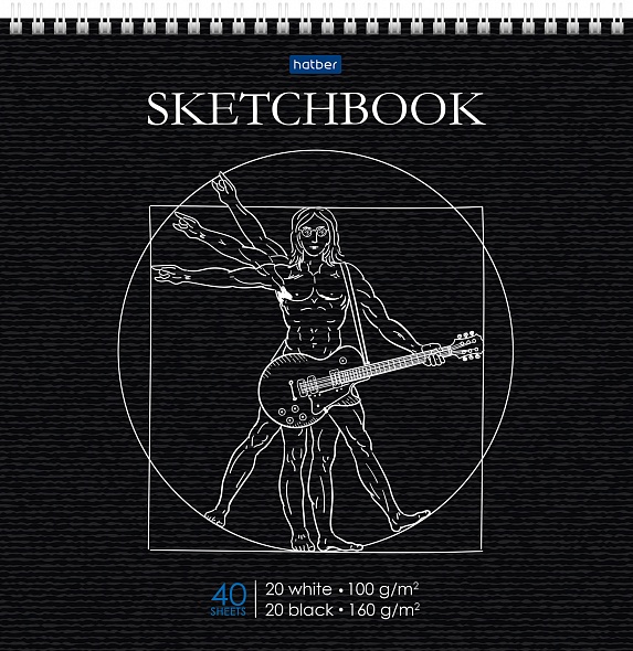 Блокнот/скетчбук 240*240 40л 100г/м2+160г/м2 спираль ХАТБЕР Музыка Да Винчи белая/черная бумага, арт. 40Б4Aгр_28278