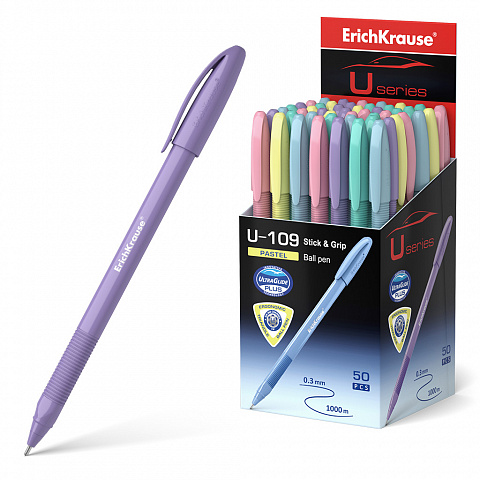 Ручка шариковая синяя игла 1,0/0,3 ERICH KRAUSE U-109 Пастель корпус ассорти трехгранный с резиновым держателем одноразовая масляный стержень, арт. 58111