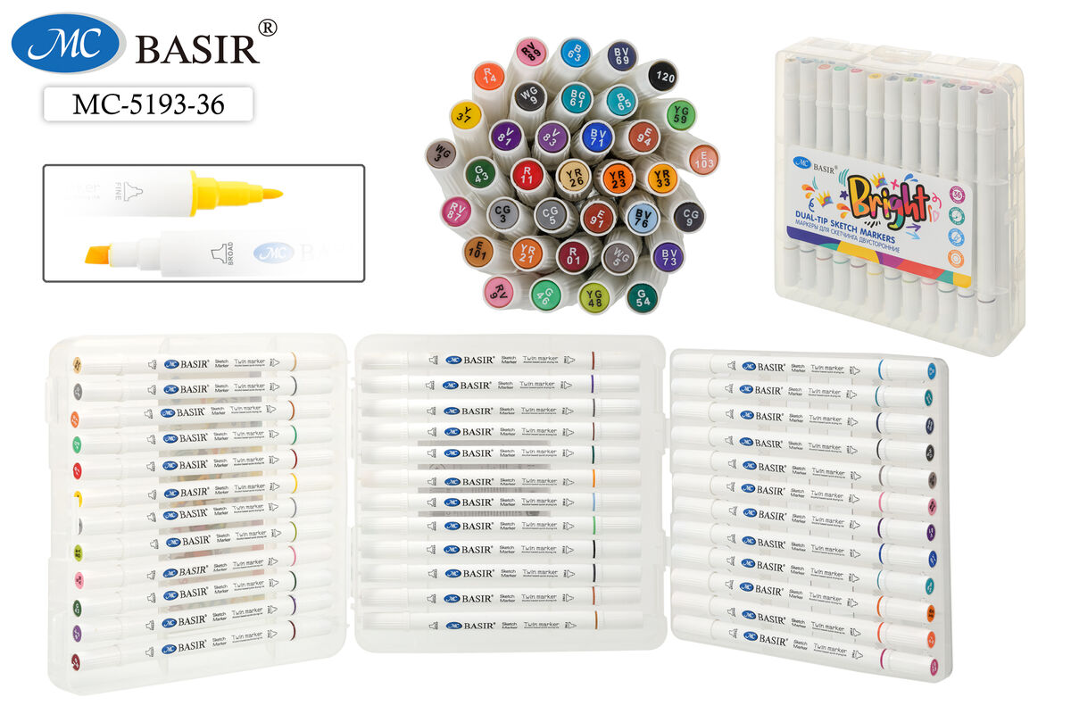 Набор маркеров д/скетчинга 36цв 1-7мм MC BASIR двухсторонние пластиковый бокс, арт. МС-5193-36