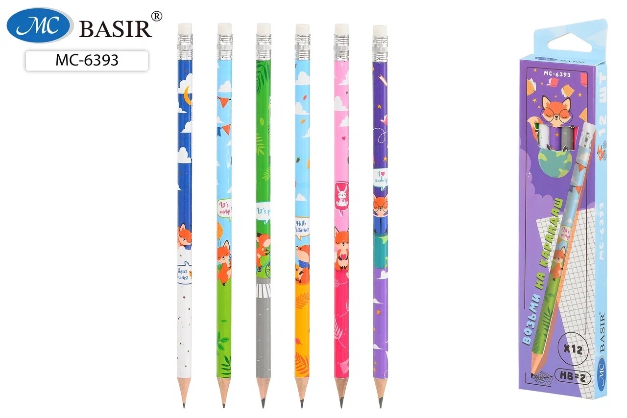 Карандаш чернографитный с ластиком HB MC BASIR Лиса корпус ассорти, арт. МС-6393-12