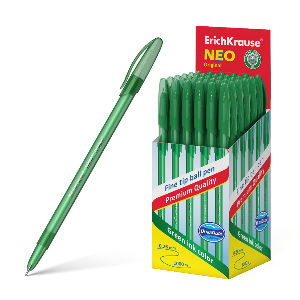 Ручка шариковая зеленая игольчатый стержень 0,7/0,26 ERICH KRAUSE Neo Original корпус зеленый тонированный одноразовая, арт. 46518