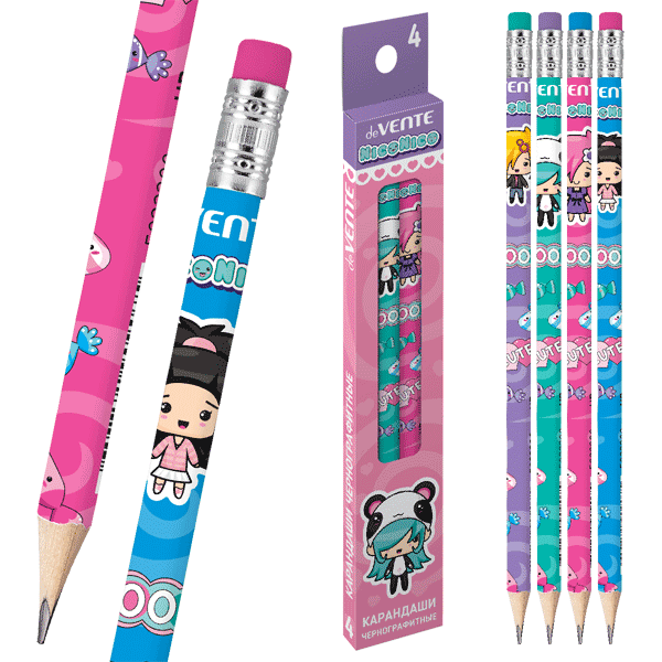 Карандаш чернографитный с ластиком трехгранный HB deVENTE NicoNico корпус ассорти, арт. 5030303/5032310/5032307/5032309