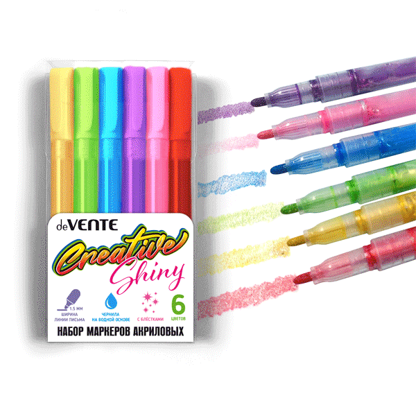 Набор акриловых маркеров 6цв 1,5мм deVENTE Creative Shiny с блестками, арт. 5044306