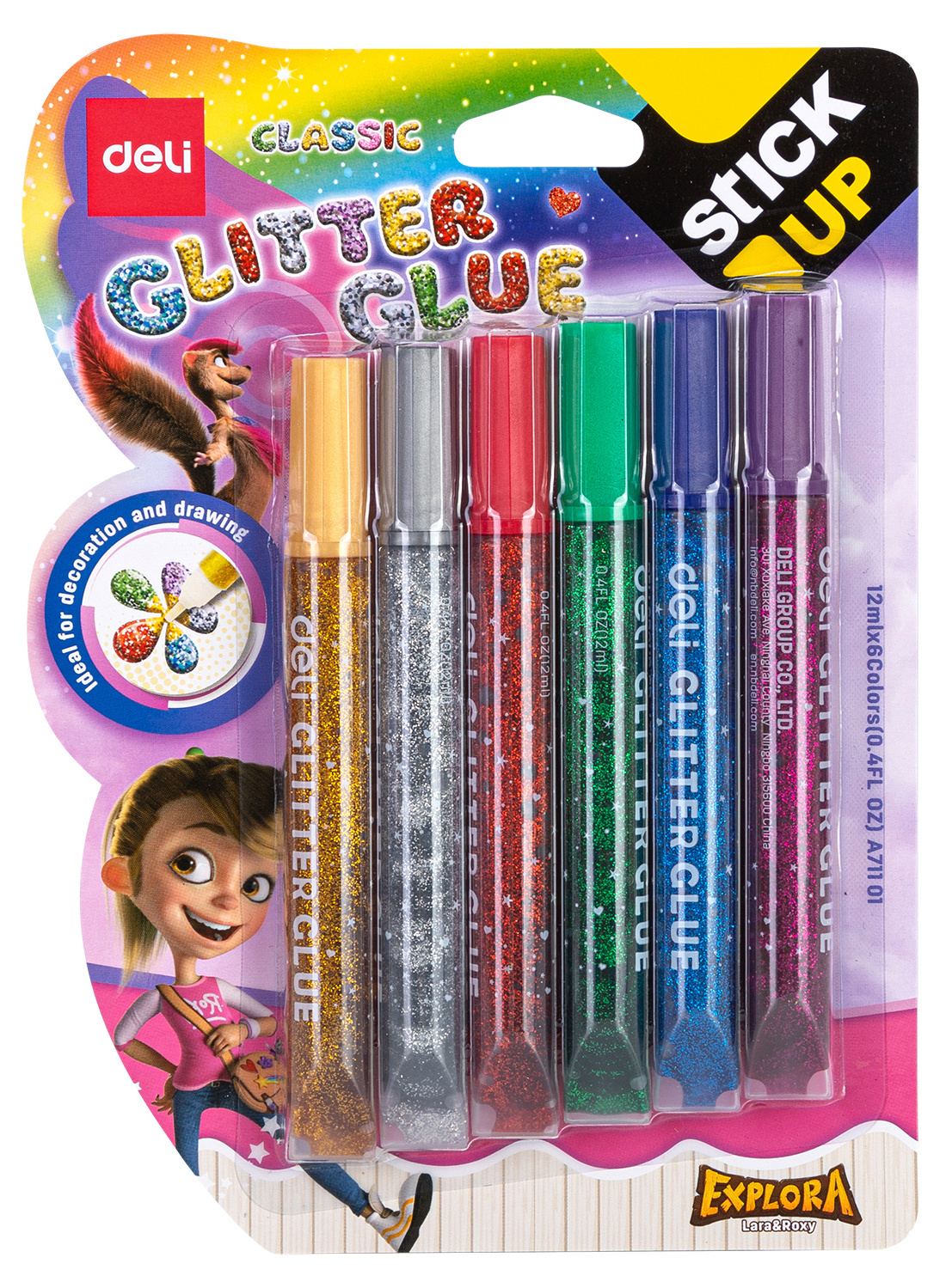 Гель-клей с блестками 12мл DELI Explora Classic ассорти 6шт/упак, арт. EA71101