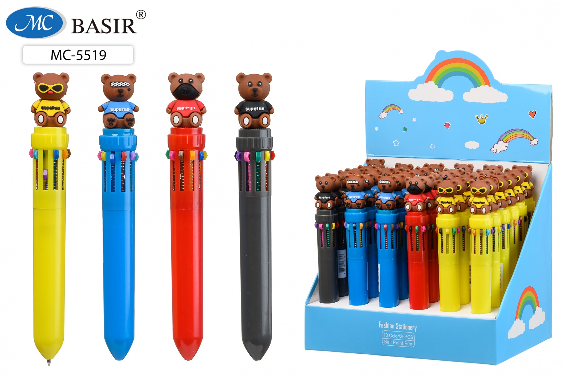 Ручка шариковая автоматическая 10цв с фигуркой MC BASIR Мишка superme корпус ассорти , арт. МС-5519