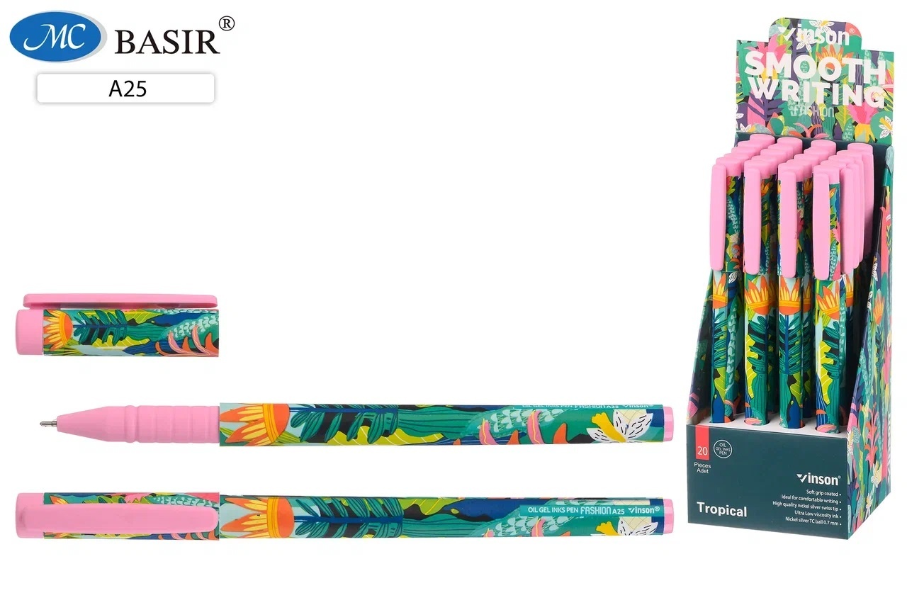 Ручка шариковая синяя игла 0,7 VINSON Tropical корпус с рисунком soft-touch  масляный стержень, арт. А25