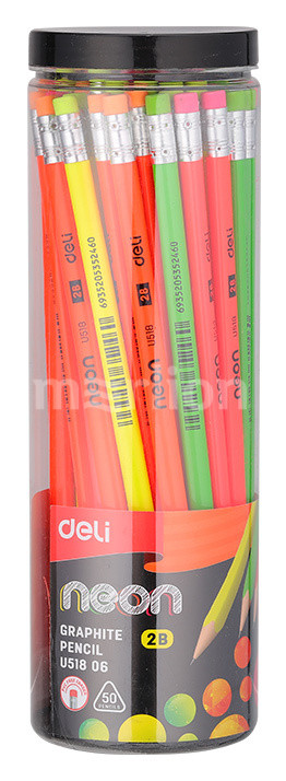 Карандаш чернографитный с ластиком 2B DELI Neon корпус трехгранный ассорти, арт. EU51806-1