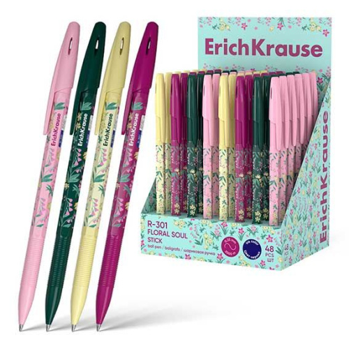 Ручка шариковая синяя 0,7/0,35 ERICH KRAUSE R-301 Stick Floral Soul корпус с рисунком ассорти , арт. 63078