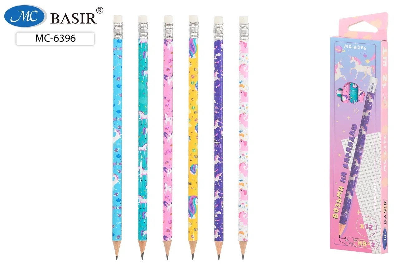 Карандаш чернографитный с ластиком HB MC BASIR Единорог корпус ассорти, арт. МС-6396