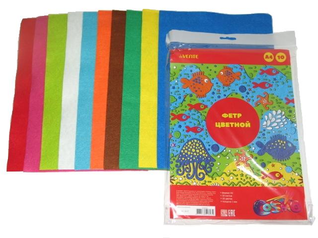 Фетр цветной А4 10цв 10л 1мм deVENTE Яркие цвета, арт. 8040681