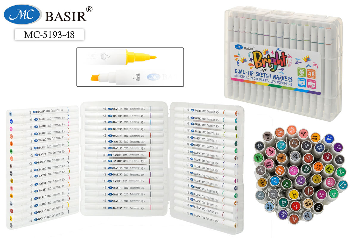 Набор маркеров д/скетчинга 48цв 1-7мм MC BASIR двухсторонние круглый/скошенный пластиковый бокс, арт. МС-5193-48