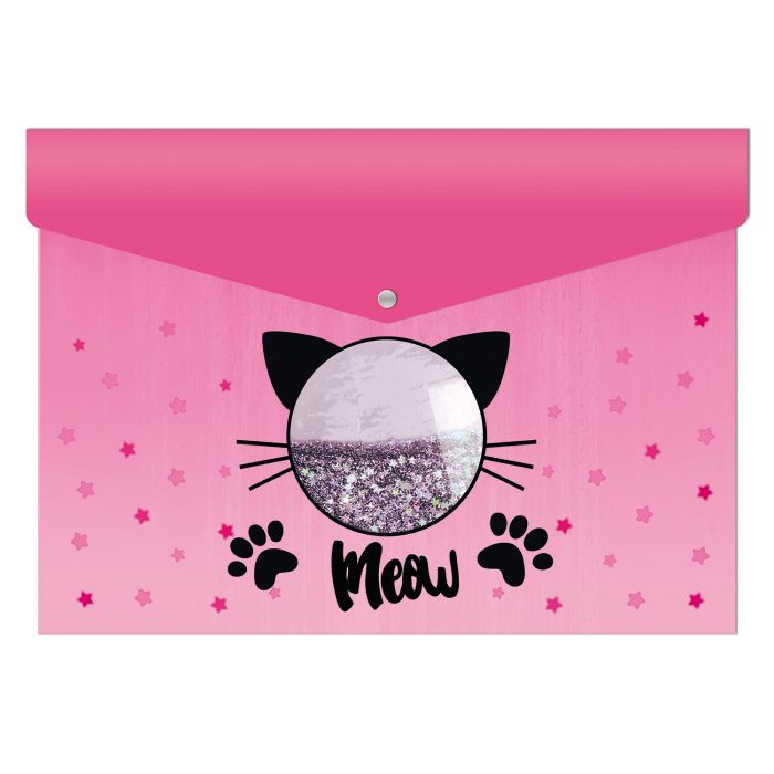 Папка для тетрадей А4 на кнопке ФЕНИКС Кот дно с расширением до 5см окно с пайетками, арт. 50961