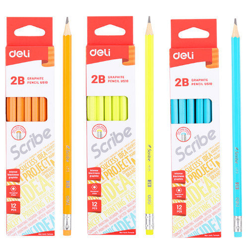Карандаш чернографитный с ластиком 2B DELI Scribe корпус ассорти, арт. EU51000