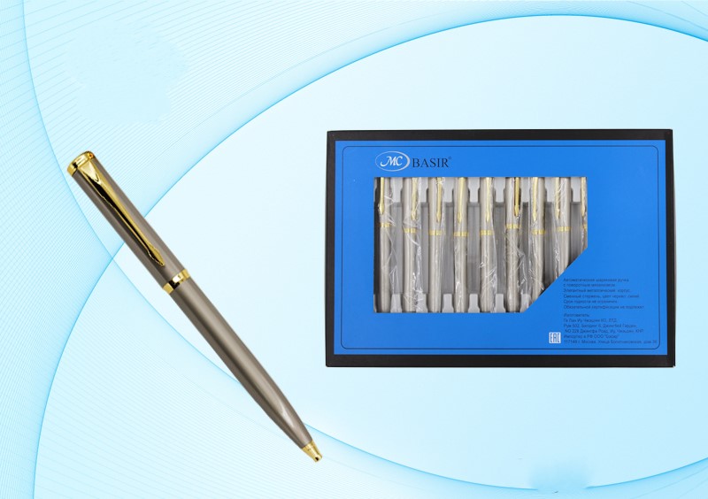 Ручка подарочная шариковая синяя MC BASIR корпус серебристый/золото поворотный механизм, арт. МС-3433