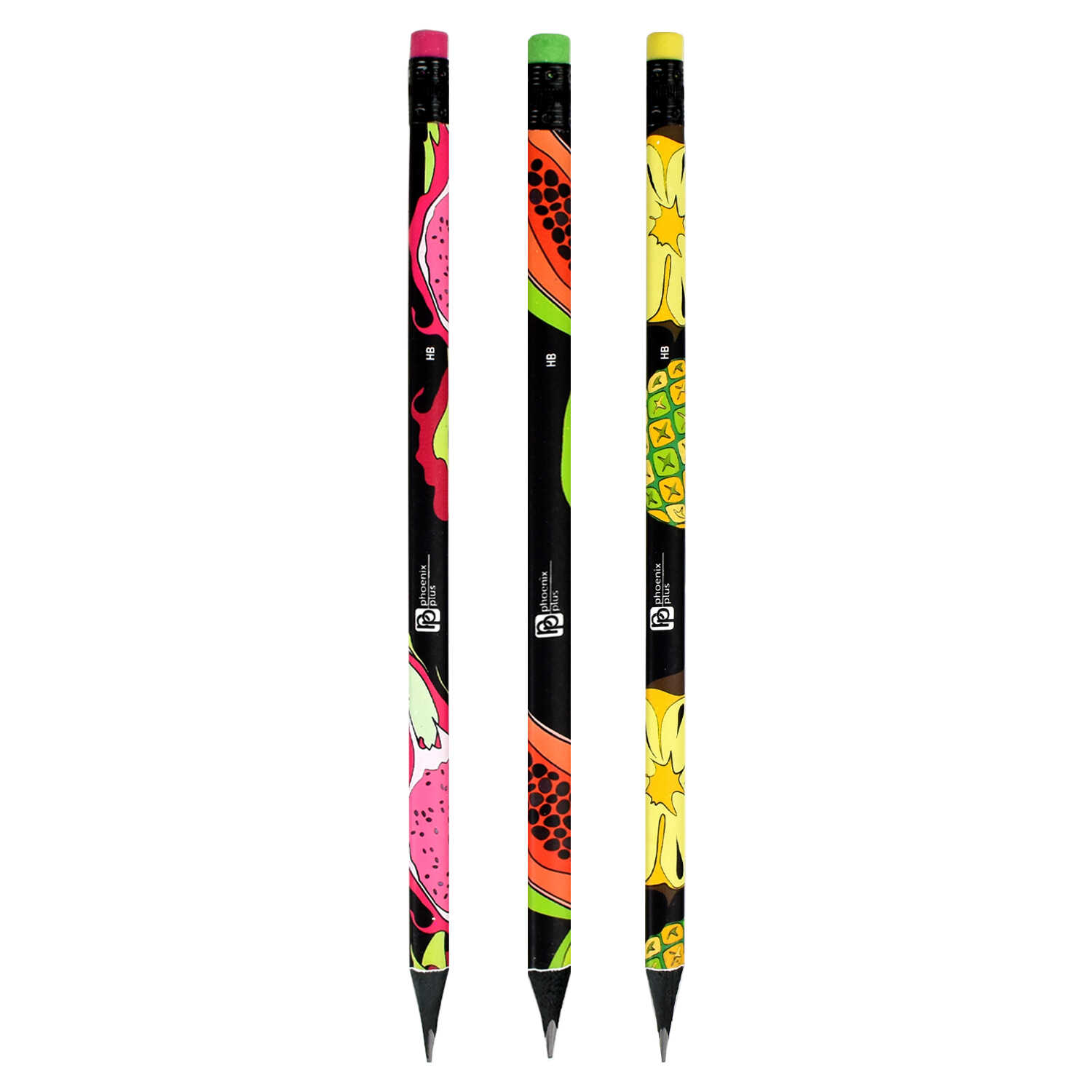 Карандаш чернографитный с ластиком трехгранный черное дерево HB ФЕНИКС Тропические фрукты корпус ассорти, арт. 63682