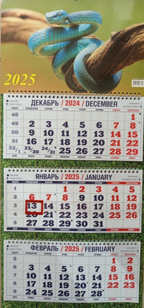 Календарь квартальный 2025г 3-х блочный Символ года Змея №4 ГРАМОТЕЙ, арт. 01-25007
