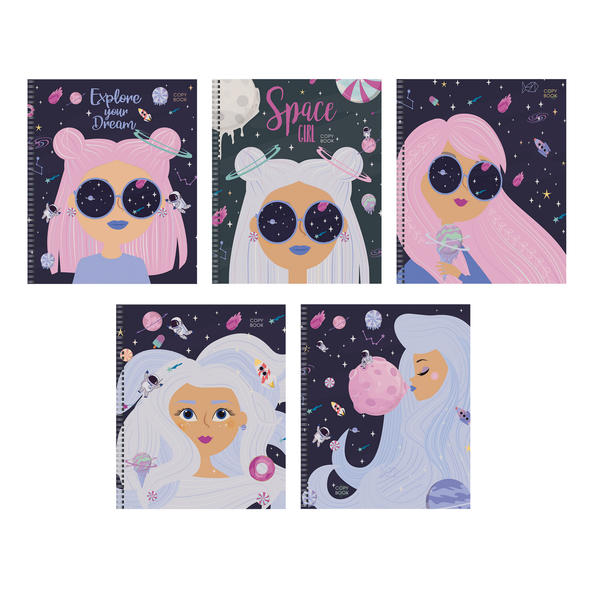 Тетрадь А5 96л клетка спираль LISTOFF Space girls ассорти, арт. ТС967361