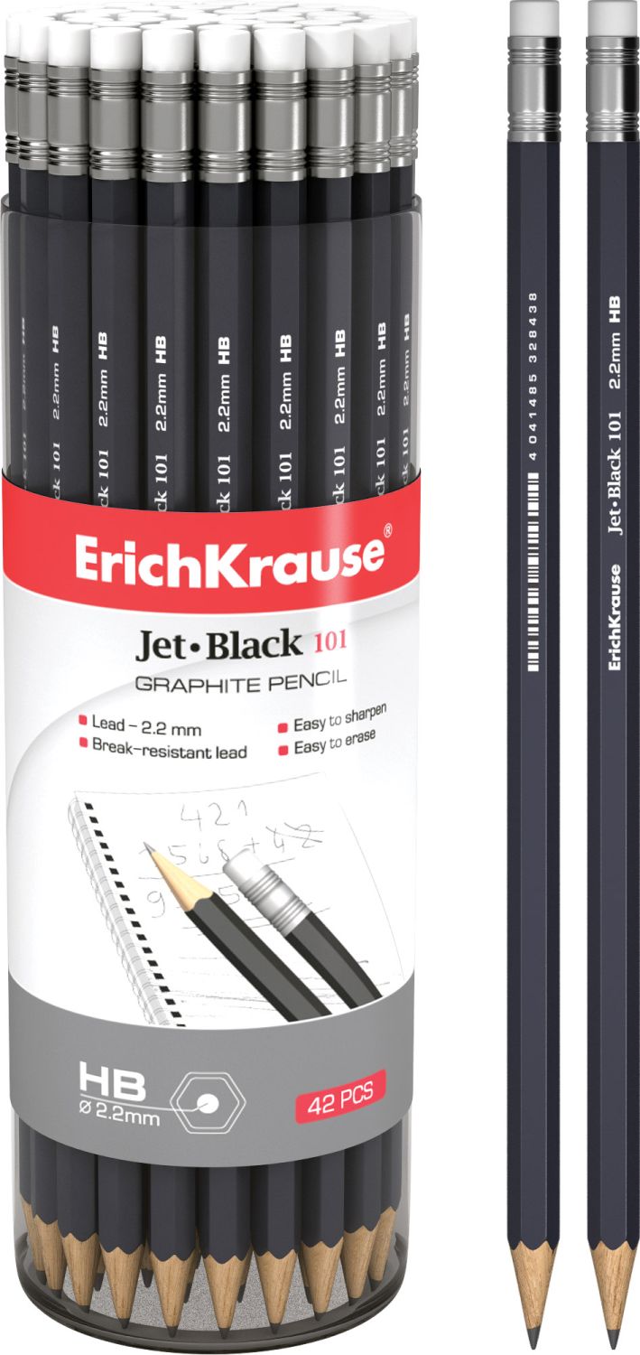 Карандаш чернографитный с ластиком HB ЕRICH КRAUSE Jet Black 101 корпус черный, арт. 45606/45605/32841/32840