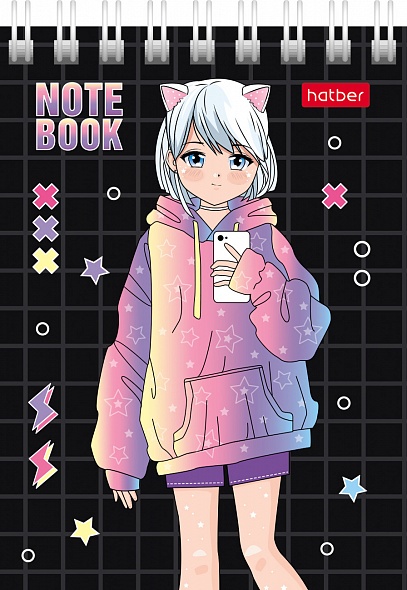 Блокнот А7 60л клетка спираль ХАТБЕР Неко-Тян аниме, арт. 60Б7В1гр