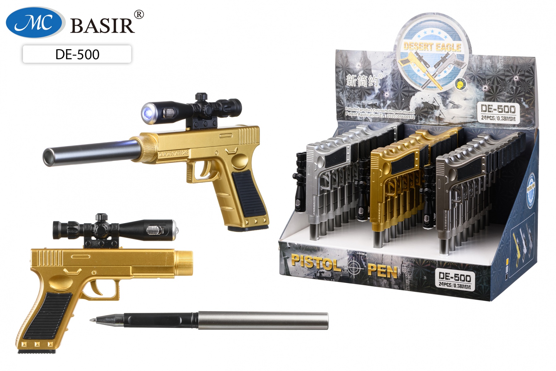 Ручка шариковая синяя фигурная MC BASIR Пистолет прицел фонарик корпус ассорти, арт. DE-500