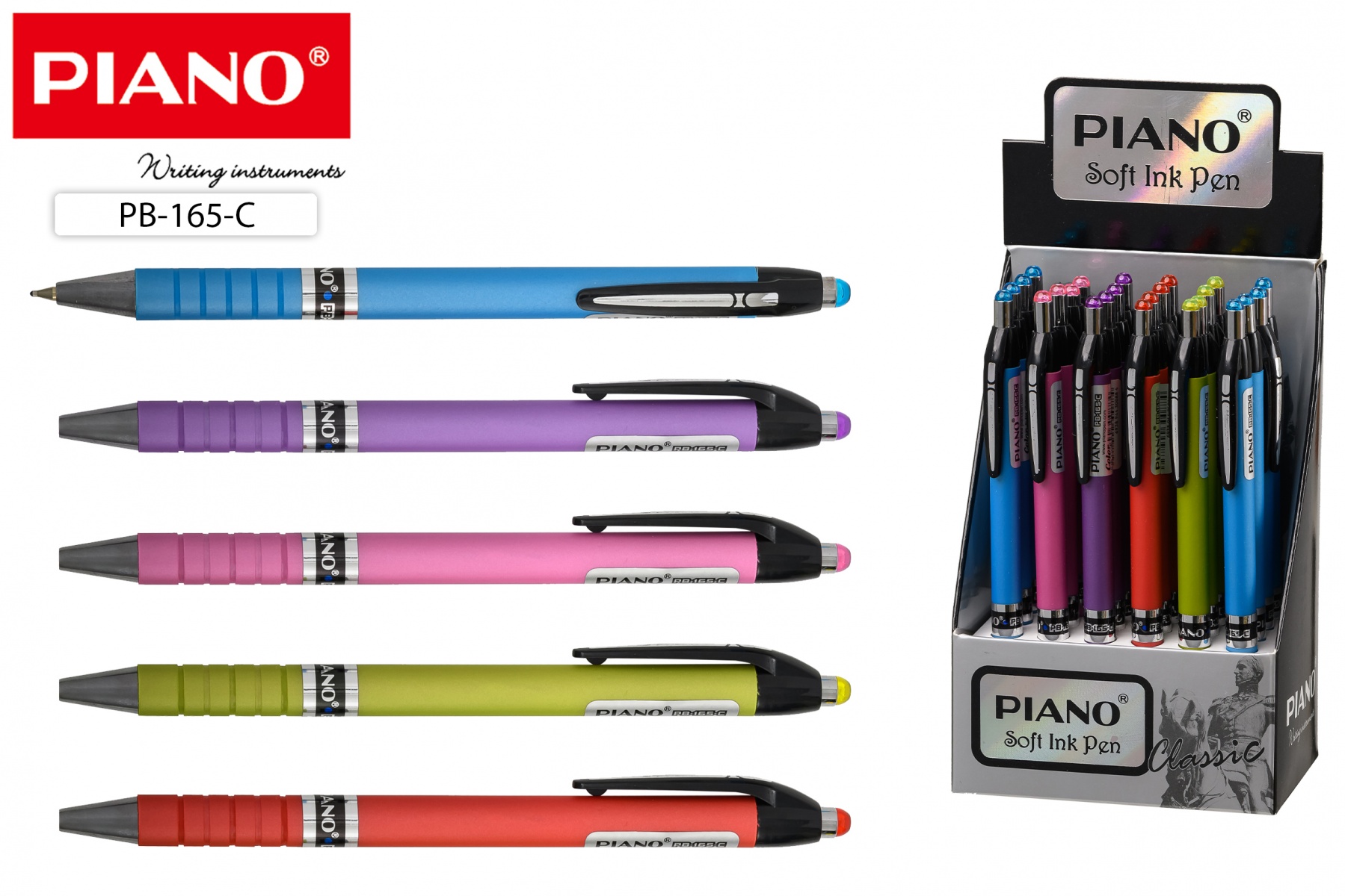 Ручка шариковая автоматическая синяя 0,7/0,5 PIANO PB-165-C корпус ассорти синяя, арт. PB-165-C