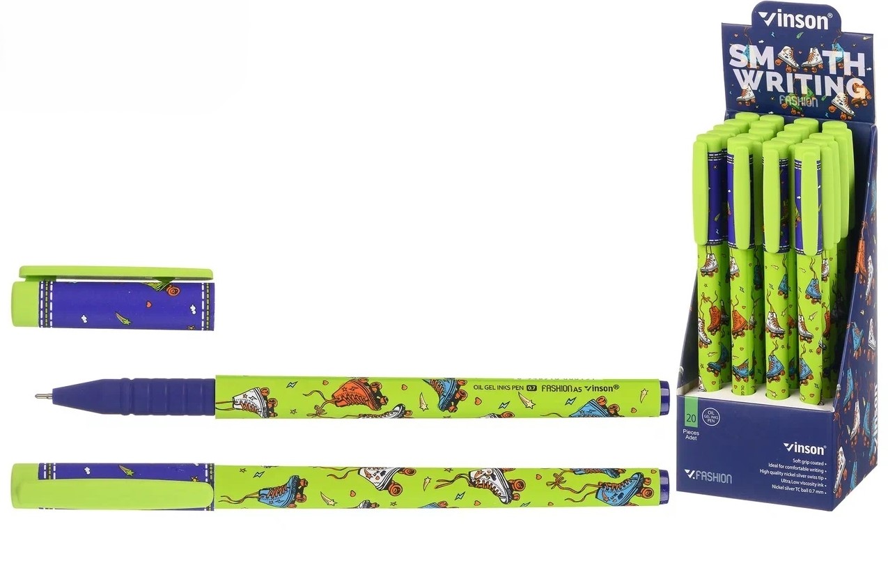 Ручка шариковая синяя игла 0,7/0,5 VINSON Inline skate корпус с рисунком soft-touch масляный стержень, арт. А5/lnline skate A5