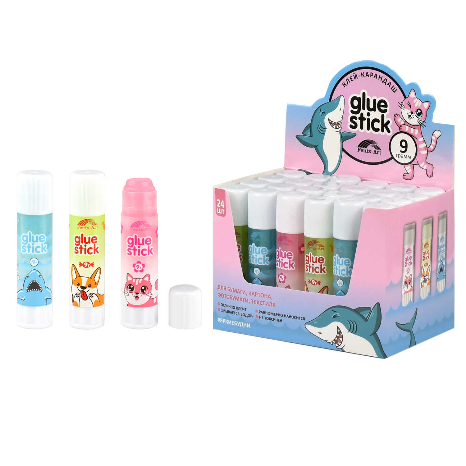 Клей карандаш 9г ФЕНИКС Детский PVP основа прозрачный ассорти, арт. 57459