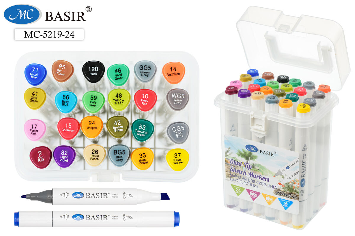 Набор маркеров д/скетчинга 24цв 1-7мм MC BASIR трехгранные двухсторонние пластиковый бокс, арт. MC-5219-24