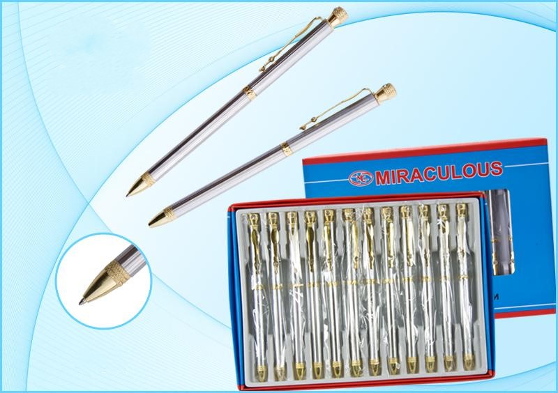 Ручка подарочная шариковая синяя MC BASIR Miraculous корпус серебро/золото поворотный механизм стразы, арт. МС-340