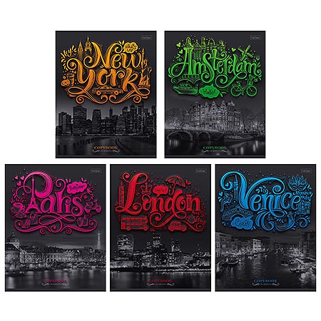 Тетрадь А5 80л клетка ХАТБЕР Леттеринг Города мира ассорти, арт. 80Т5вмВ1