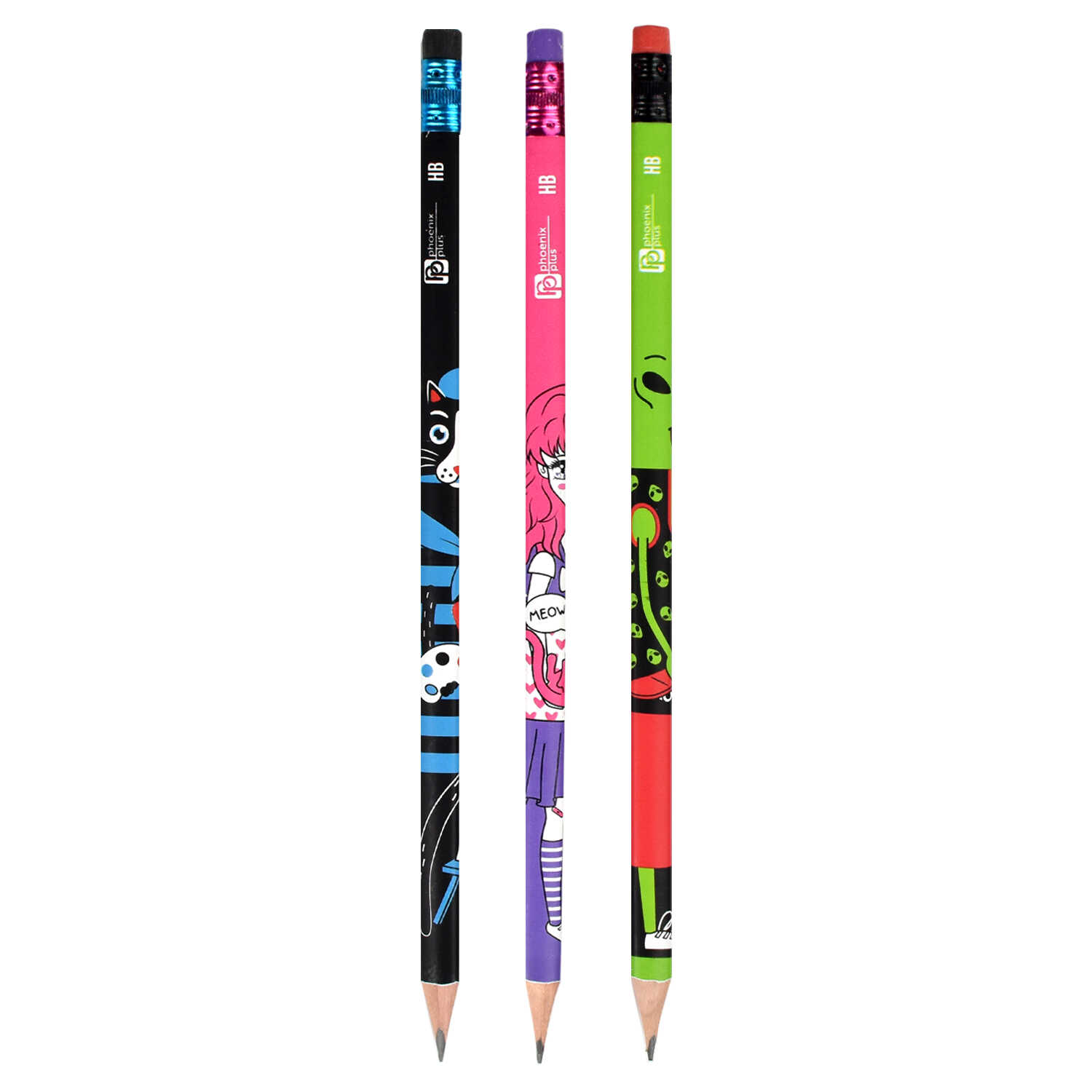 Карандаш чернографитный с ластиком трехгранный HB ФЕНИКС Персонажи корпус ассорти, арт. 63685