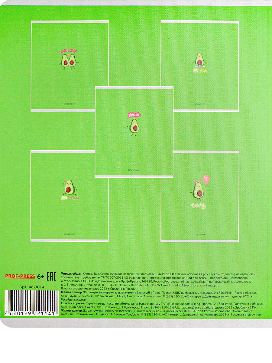 Тетрадь А5 48листов клетка ПРОФ-ПРЕСС Авокадо, арт. 48-3014